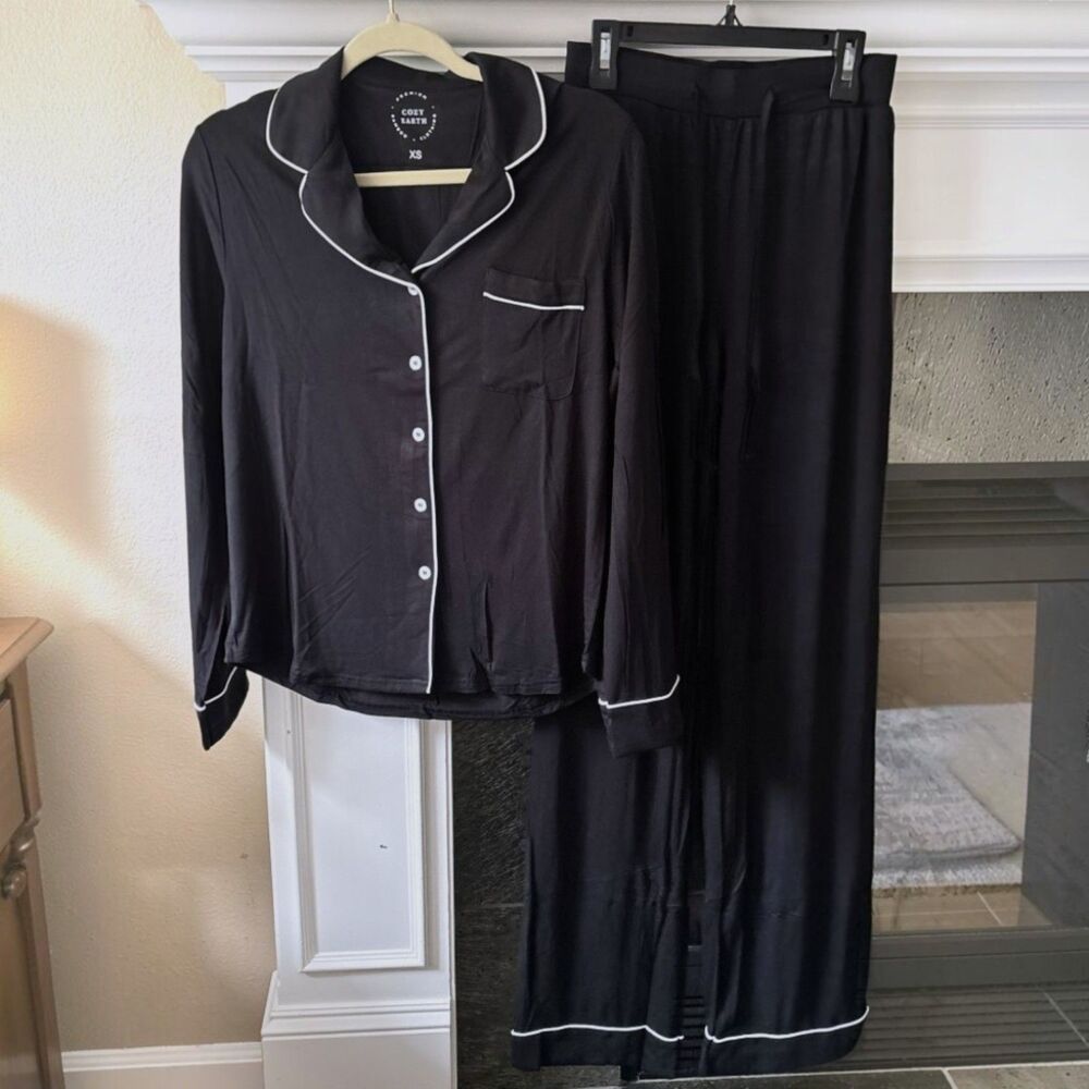 Cozy Earth Bamboo Stretch-Knit Pajama Set Black White Piping XS